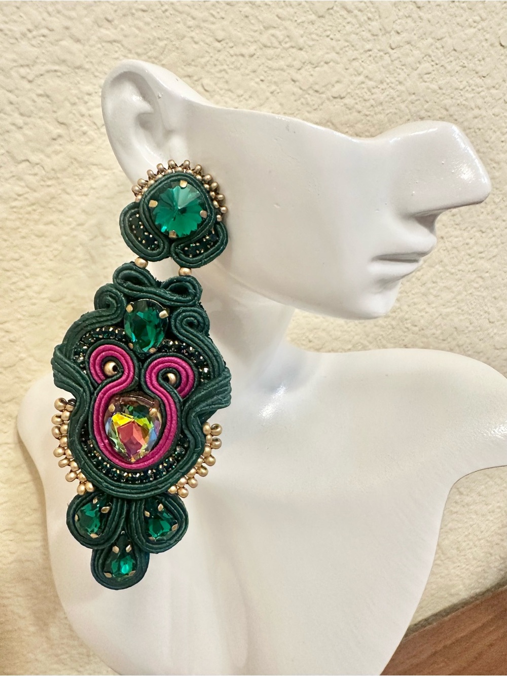Elegant Handmade Emerald Green & Pink Soutache Statement Earrings